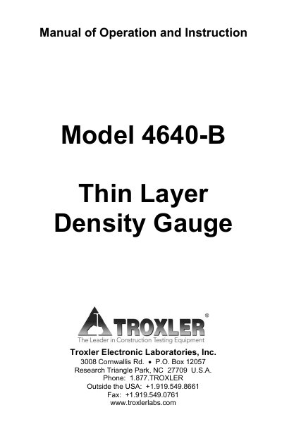 Troxler 4640-B Thin-Layer Density Gauge Quick Reference Card - cover page
