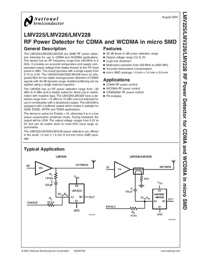 National Semiconductor LMV225/LMV226/LMV228 RF Power Detector Datasheet - cover page