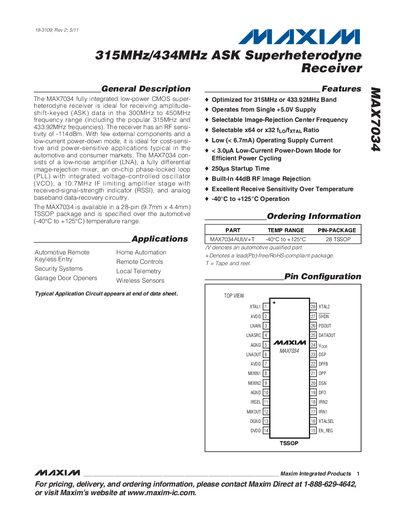 Maxim MAX7034 Superheterodyne Receiver Datasheet - cover page