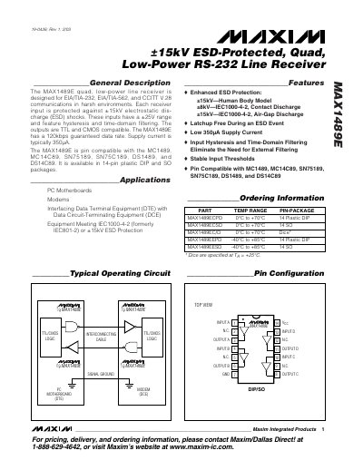 Maxim MAX1489E Quad Low-Power RS-232 Line Receiver Datasheet - cover page
