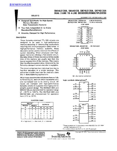 TEXAS INSTRUMENTS SN54LS139A Data Sheet  - cover page