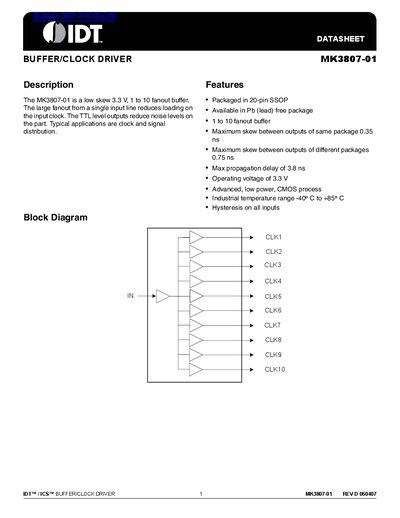 IDT MK3807-01 Buffer/Clock Driver Datasheet - cover page