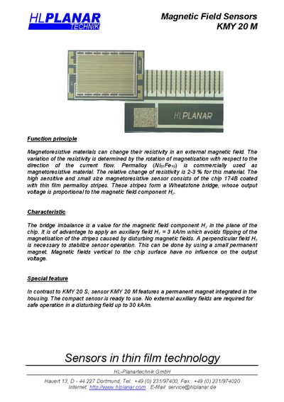 HLPLANAR KMY 20M Magnetic Field Sensor Datasheet - cover page