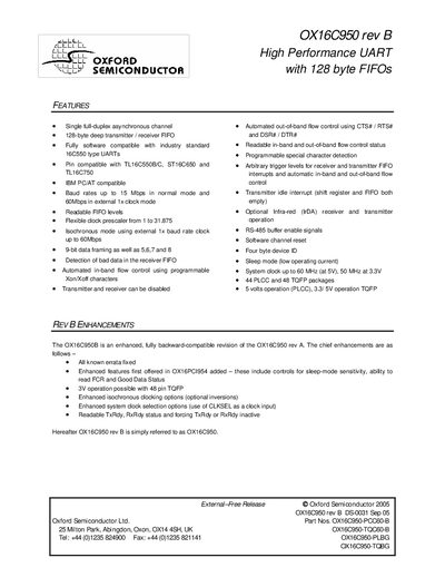 Oxford Semiconductor OX16C950 rev B Datasheet - cover page