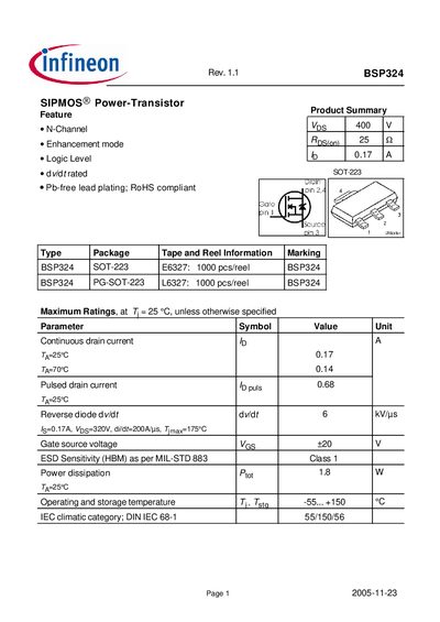 Infineon BSP324 Datasheet - cover page