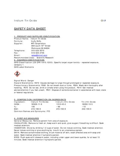 MTI Corporation Indium Tin Oxide Safety Data Sheet - cover page
