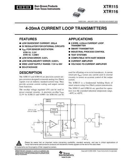 Texas Instruments XTR115 XTR116 Datasheet
