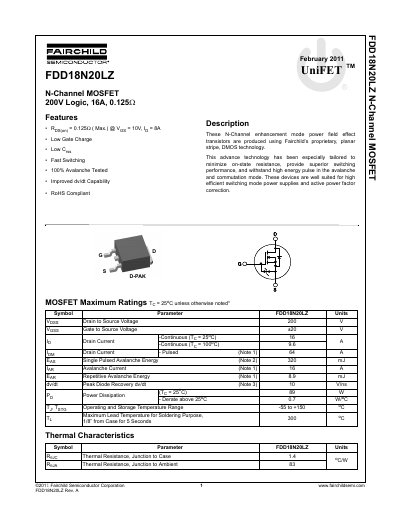 Fairchild FDD18N20LZ N-Channel MOSFET Datasheet - cover page