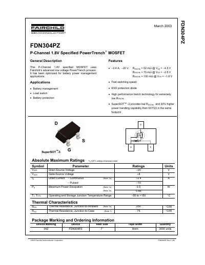 Fairchild FDN304PZ P-Channel MOSFET Datasheet - cover page