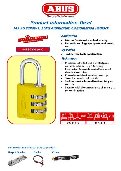 ABUS 145 30 Yellow C Padlock Product Information Sheet - cover page