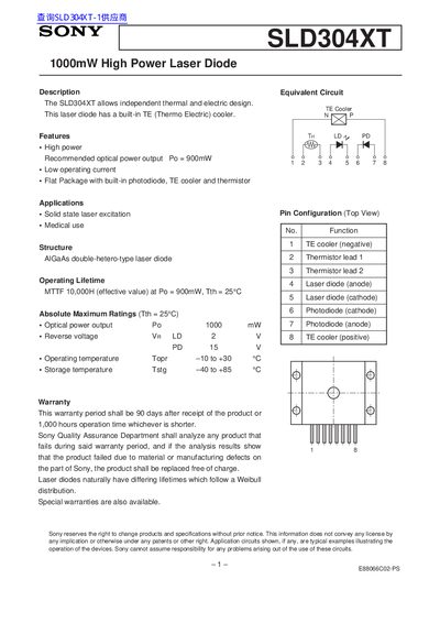 SONY SLD304XT 1000mW High Power Laser Diodehandbook
