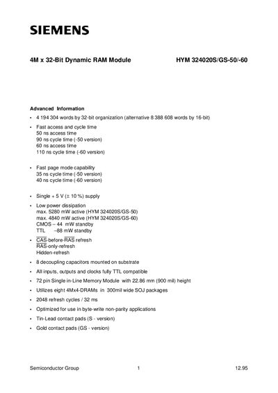 Siemens HYM 324020S/GS-50/-60 4M x 32-Bit DRAM Module Datasheet