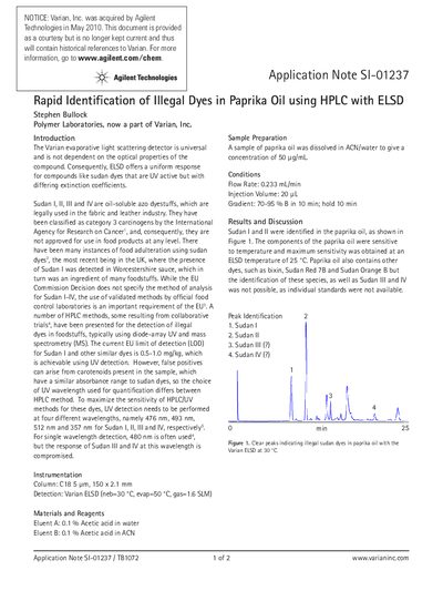 Varian ELSD Application Note S!-01237 Rapid Identification of Illegal Dyes in Paprika Oil using HPLC with ELSD - cover page