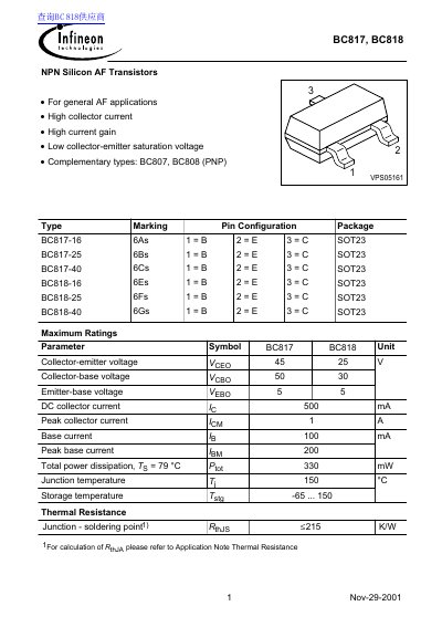 Infineon BC817, BC818 NPN Silicon AF Transistors Datasheet
