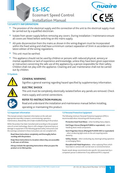 Nuaire ES-ISC Ecosmart Speed Control Installation Manual - cover page