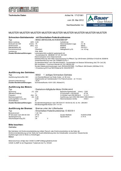 Bauer BS02-38H/DU04LA4-K/E003B4/SP Gear Motor Technical Data - cover page