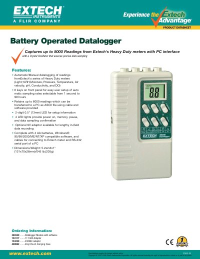 Extech 380340 Battery Operated Datalogger Product Datasheet - cover page