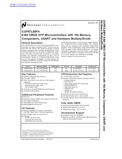 National Semiconductor COP87L88FH 8-Bit CMOS OTP Microcontroller Datasheet - cover page