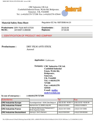 AMBERSIL CRC Industries UK Ltd. Castlefield Industial Estate Wylds Rd Bridgwater Somerset UK TA64DD Tel.: (+44)(0)1278 727200 Fax: (+44)(0)1278 425644 handbook - cover page