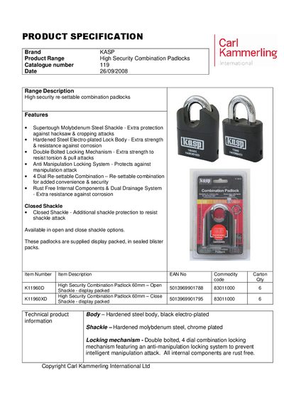 KASP SECURITY Brand KASP Product Range High Security Combination Padlocks Catalogue number 119 Date 26/09/2008  - cover page