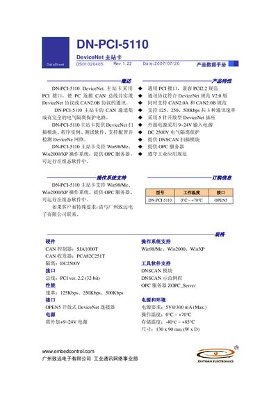 Guangzhou Zhiyuan DN-PCI-5110 DeviceNet Master Card Datasheet - cover page
