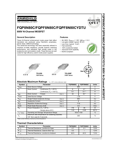 Fairchild Semiconductor FQP8N80C/FQPF8N80C/FQPF8N80CYDTU 800V N-Channel MOSFET Datasheet