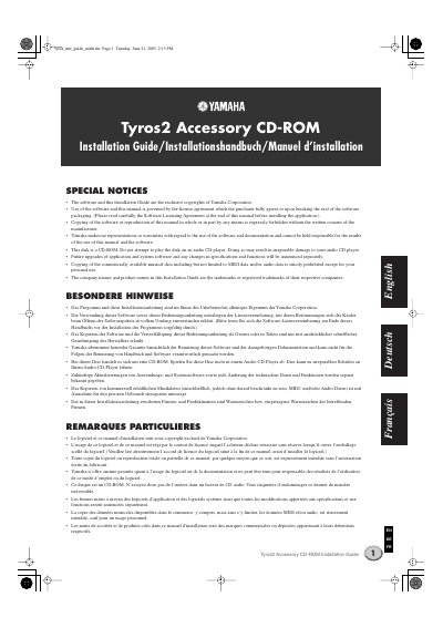 Yamaha Tyros2 Accessory CD-ROM Installation Guide - cover page