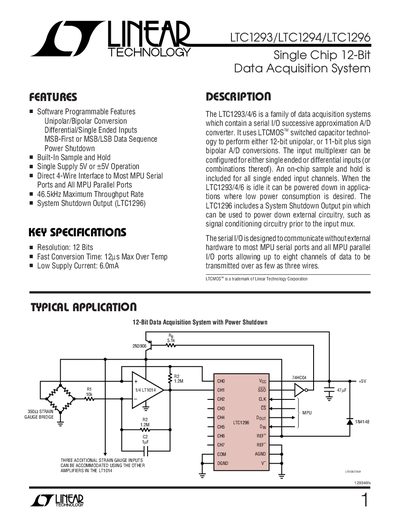 LINEAR TECHNOLOGY LTC1293/LTC1294/LTC1296 /LTC1294/LTC1296 129346fs Single Chip 12-Bit Data Acquisition System - cover page