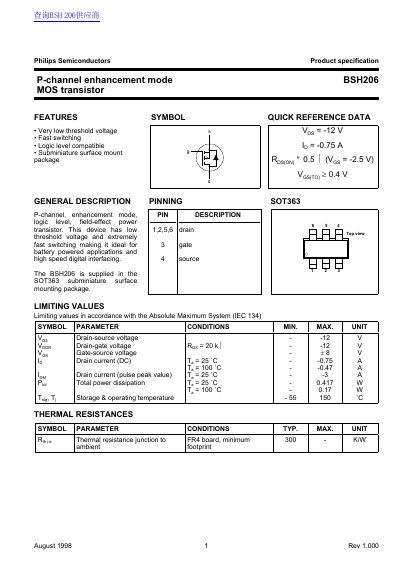 Philips BSH206 MOS Transistor Product Specification - cover page