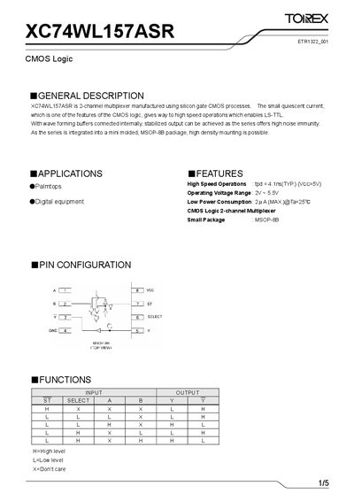 Torex XC74WL157ASR CMOS Logic Datasheet - cover page