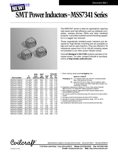 Coilcraft MSS7341 Series Power Inductor Datasheet - cover page