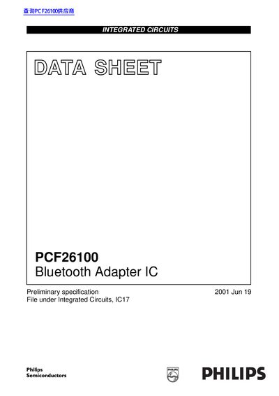 Philips PCF26100 Bluetooth Adapter IC Data Sheet - cover page