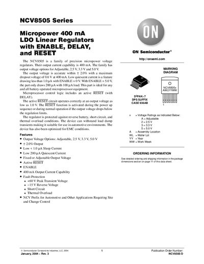 ON Semiconductor NCV8505 Series LDO Linear Regulator Datasheet - cover page