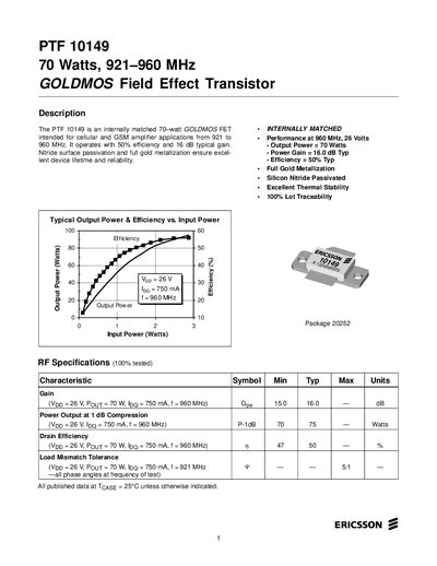 Ericsson PTF 10149 GOLDMOS FET Datasheet - cover page