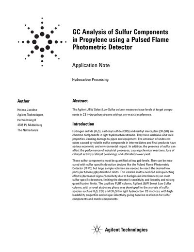 Agilent J&W Select Low Sulfur Column GC Analysis of Sulfur Components Application Note - cover page