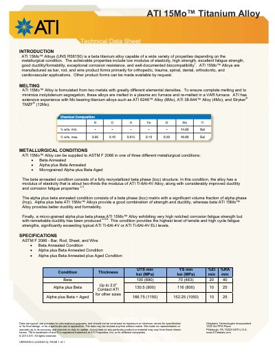 ATI 15Mo™ Titanium Alloy Data Sheet - cover page