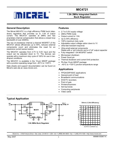 Micrel MIC4721 Integrated Switch Buck Regulator Datasheet - cover page