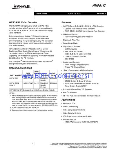 Intersil HMP8117 NTSC/PAL Video Decoder Data Sheet - cover page