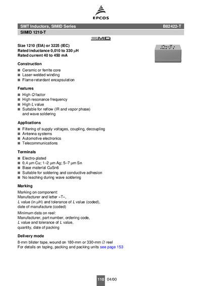 EPCOS B82422-T SIMID Series SMT Inductors Datasheet - cover page