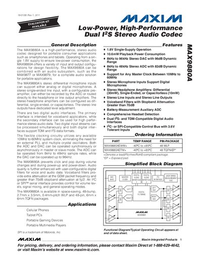 Maxim MAX9880A Low-Power High-Performance Dual I2S Stereo Audio Codec Datasheet - cover page