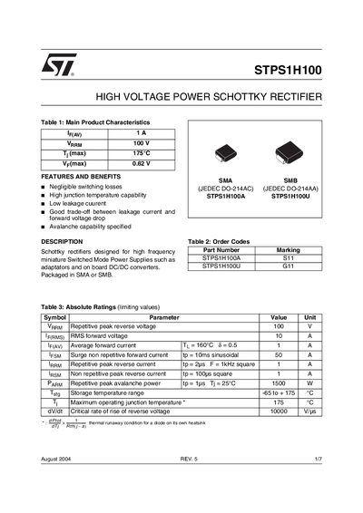 STMicroelectronics STPS1H100 Schottky Rectifier Datasheet - cover page