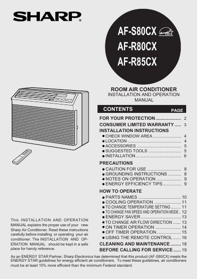 Sharp AF-S80CX Room Air Conditioner Installation and Operation Manual - cover page