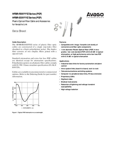 Avago HFBR-RXXYYYZ / HFBR-EXXYYYZ Series Plastic Optical Fiber Cable Accessories Data Sheet - cover page