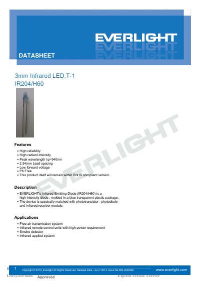Everlight IR204/H60 3mm Infrared LED Datasheet - cover page