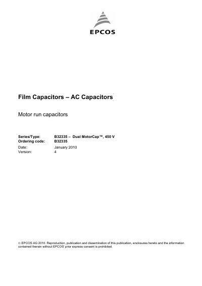 EPCOS B32335 Dual MotorCap™ Film Capacitor Data Sheet - cover page