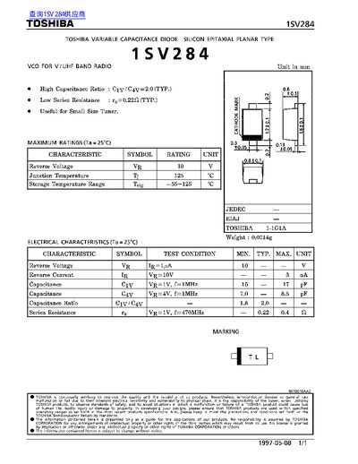 Toshiba 1SV284 Variable Capacitance Diode Datasheet - cover page