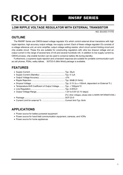 Ricoh RN5RF Series Low Ripple Voltage Regulator Datasheet
