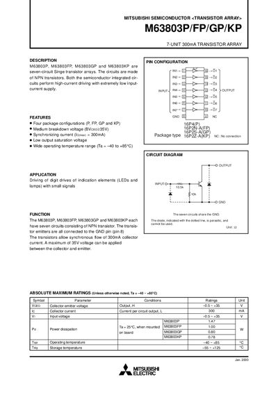 Mitsubishi Semiconductor M63803P/FP/GP/KP 7-Unit 300mA Transistor Array Datasheet - cover page