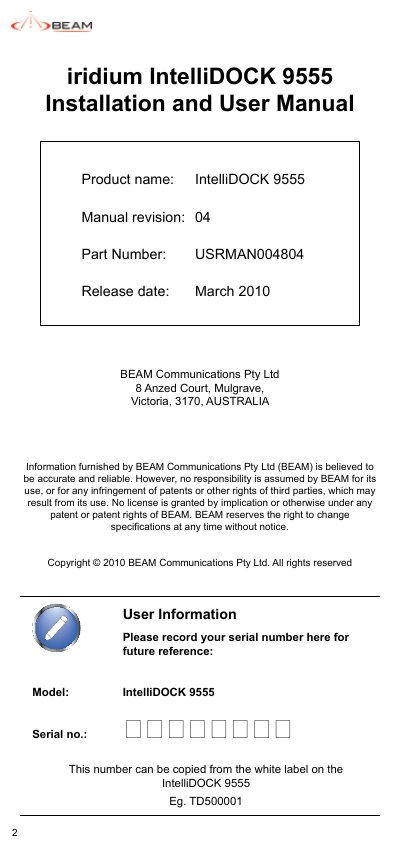 BEAM Communications IntelliDOCK 9555 Installation and User Manual - cover page