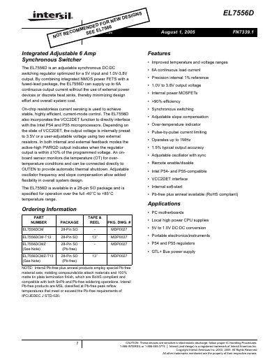 Intersil EL7556D Integrated Adjustable 6A Synchronous Switcher Datasheet - cover page